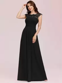 EVERPRETTY Guipure Lace Yoke Cutout Back Chiffon Bridesmaid Dress