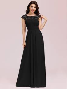 EVERPRETTY Guipure Lace Yoke Cutout Back Chiffon Bridesmaid Dress
