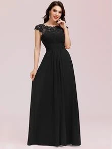 EVERPRETTY Guipure Lace Yoke Cutout Back Chiffon Bridesmaid Dress