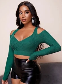 Nailea X SHEIN Solid Wrap Cold Shoulder Jumper - Dark Green - View 1