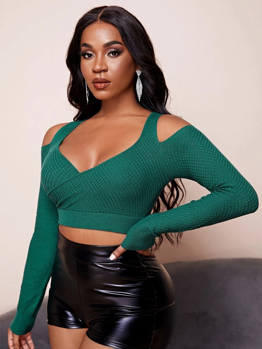 Nailea X SHEIN Solid Wrap Cold Shoulder Jumper - Dark Green - View 1