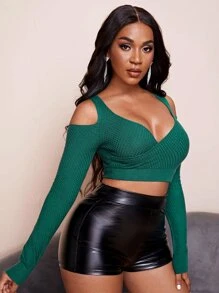 Nailea X SHEIN Solid Wrap Cold Shoulder Jumper - Dark Green - View 4