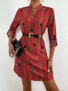 SHEIN LUNE 錬條圖案捲邊袖不附腰帶連衣裙 - 紅色 - 查看 1