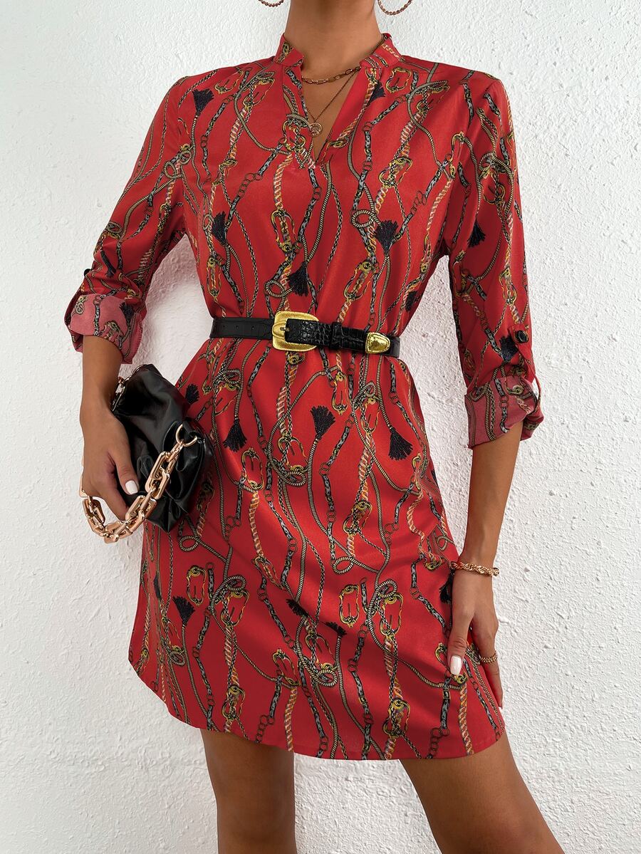 SHEIN LUNE 錬條圖案捲邊袖不附腰帶連衣裙 - 紅色 - 查看 1