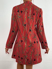 SHEIN LUNE 錬條圖案捲邊袖不附腰帶連衣裙 - 紅色 - 查看 2