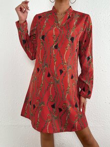 SHEIN LUNE 錬條圖案捲邊袖不附腰帶連衣裙 - 紅色 - 查看 6