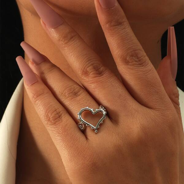 

Rhinestone Heart Decor Ring, Silver