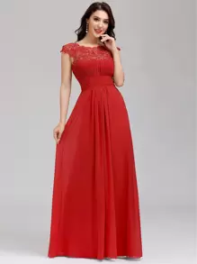 EVERPRETTY Contrast Lace Cut Out Back Bridesmaid Dress - Red - View 1