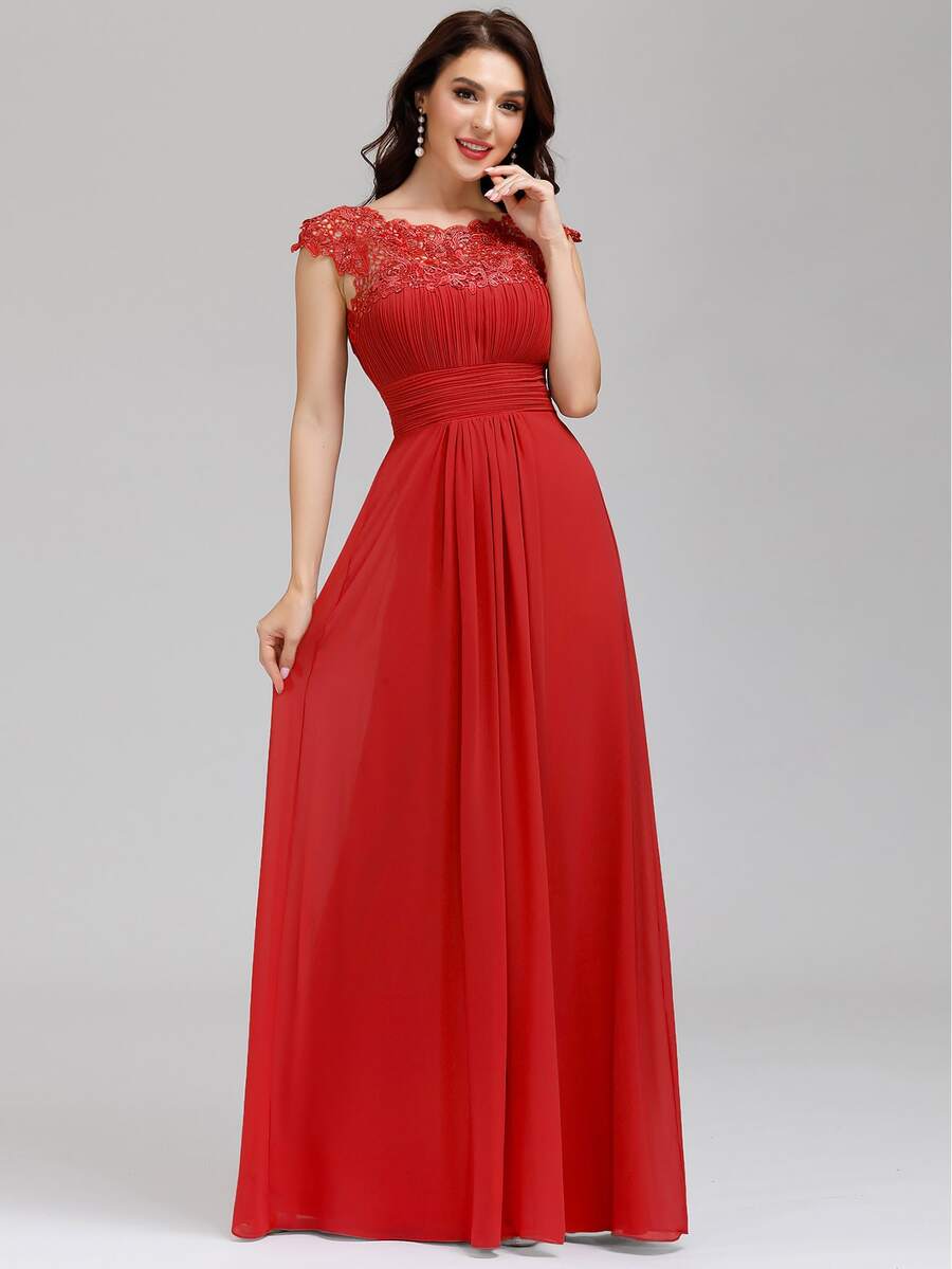 EVERPRETTY Contrast Lace Cut Out Back Bridesmaid Dress - Red - View 1