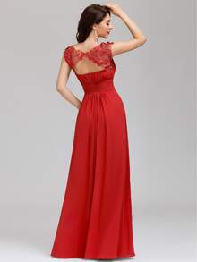 EVERPRETTY Contrast Lace Cut Out Back Bridesmaid Dress - Red - View 2