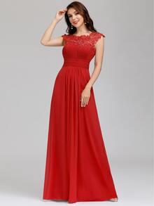 EVERPRETTY Contrast Lace Cut Out Back Bridesmaid Dress - Red - View 3