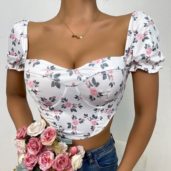 

Floral Print Bralette, White