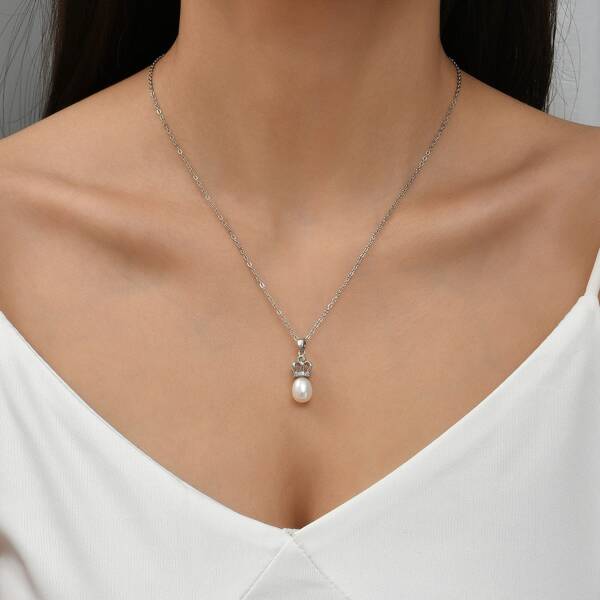 

Zircon Decor Natural Pearl Charm Necklace, Silver