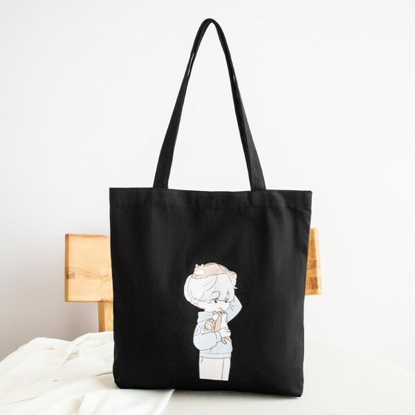 

Cartoon Figure Graphic Shopper Bag, Black