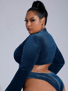 SHEIN SXY Plus Cutout Velvet Bodysuit - Dusty Blue - View 2