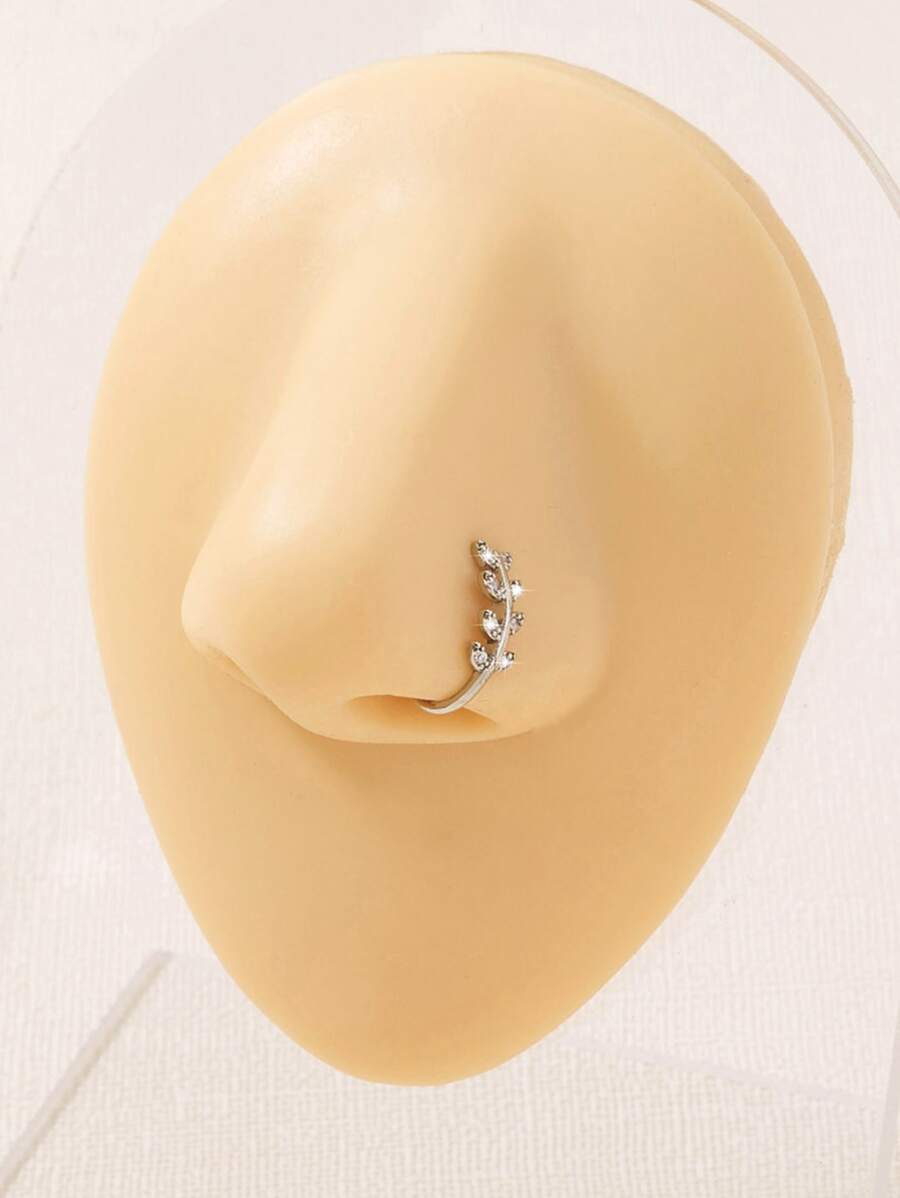 水鑽樹葉裝飾鼻環 - 銀色 - 查看 1