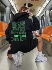 SHEIN Unity Slogan Graphic Drawstring Hoodie - Black - View 1