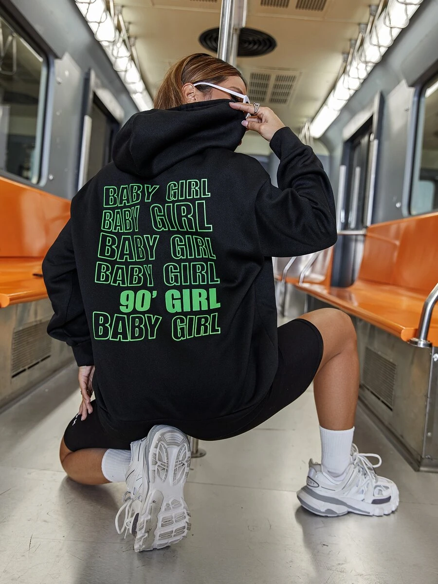 SHEIN Unity Slogan Graphic Drawstring Hoodie - Black - View 1