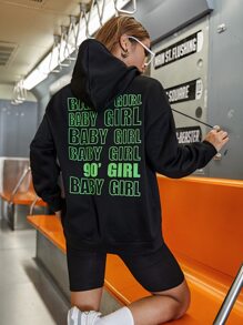 SHEIN Unity Slogan Graphic Drawstring Hoodie - Black - View 2