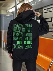 SHEIN Unity Slogan Graphic Drawstring Hoodie - Black - View 5