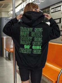 SHEIN Unity Slogan Graphic Drawstring Hoodie - Black - View 6