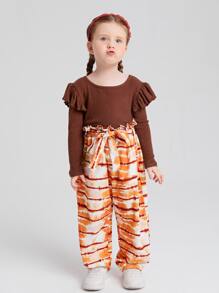 SHEIN 小女童荷葉邊上衣和紮染長褲 - 彩色 - 查看 4