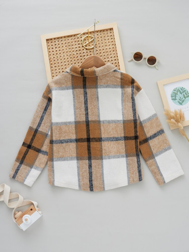 Girls Plaid Pocket Patched Overcoat - Multicolor - View 2