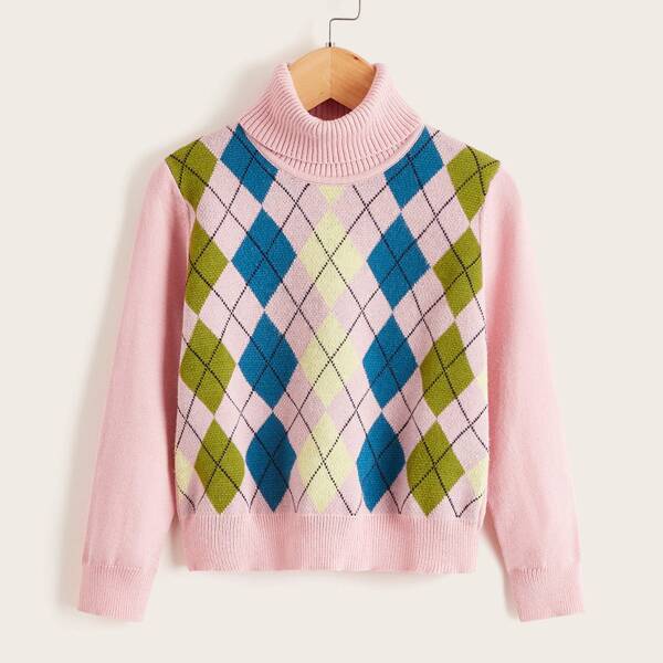 

Toddler Girls Turtleneck Argyle Pattern Sweater, Multicolor