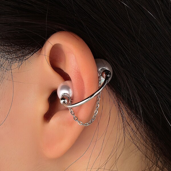 

1pc Faux Pearl & Chain Decor Ear Cuff, Multicolor