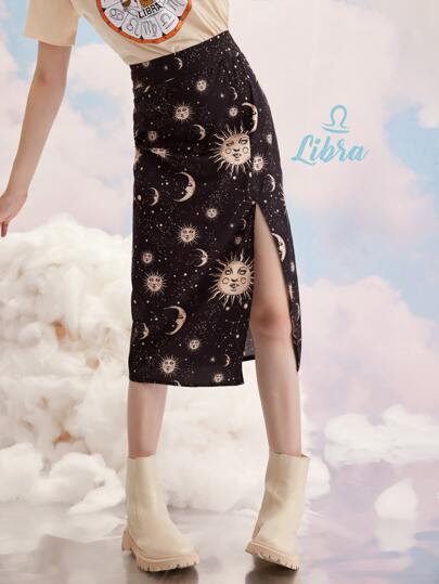 Heymoonly Starsalign Libra Galaxy Print Split Skirt