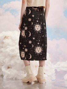 Heymoonly Starsalign Libra Galaxy Print Split Skirt - Black - View 2