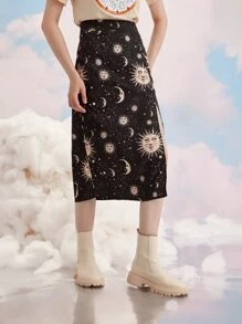 Heymoonly Starsalign Libra Galaxy Print Split Skirt - Black - View 5