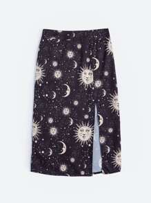 Heymoonly Starsalign Libra Galaxy Print Split Skirt - Black - View 6