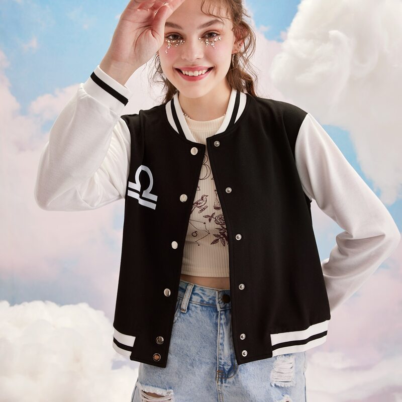

Colorblock Button Front Baseball Jacket, Black and white