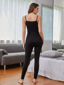 SHEIN Lace Trim Cami Top & Leggings Pyjama Set - Black - View 2