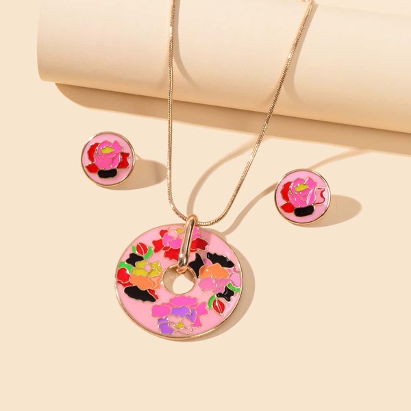 

Color Block Stud Earrings & Necklace, Pink
