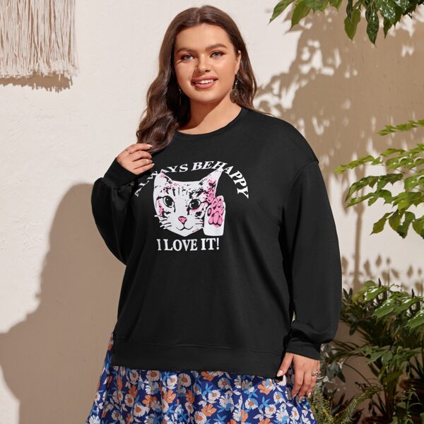 

Plus Cat And Slogan Graphic Sweatshirt With Floral Skirt, Multicolor