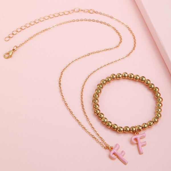 

Girls Letter Charm Necklace & Beaded Bracelet, Pink
