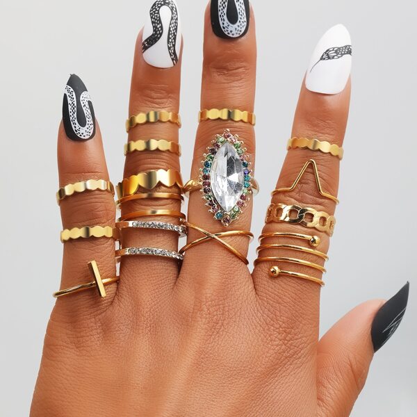 

15pcs Heart & Rhinestone Decor Ring, Gold