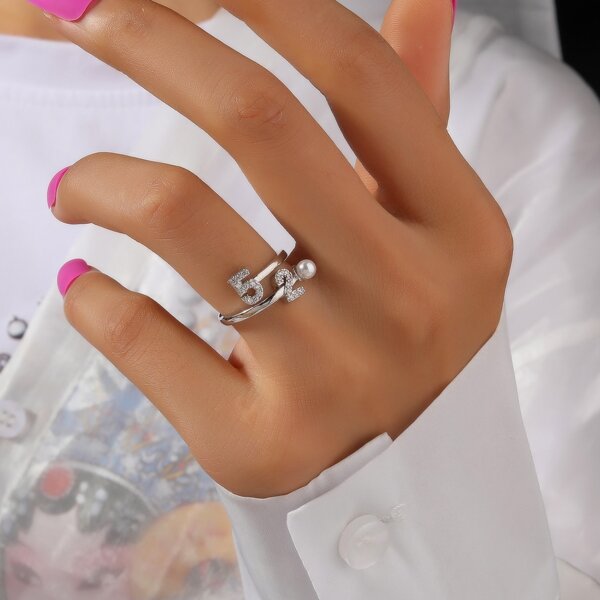 

Letter & Faux Pearl Decor Ring, Silver