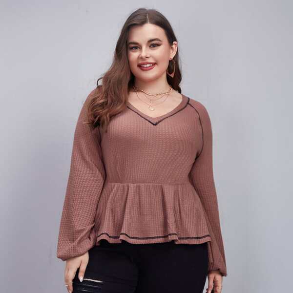 

Plus Top-Stitching Trim Peplum Tee, Dusty pink