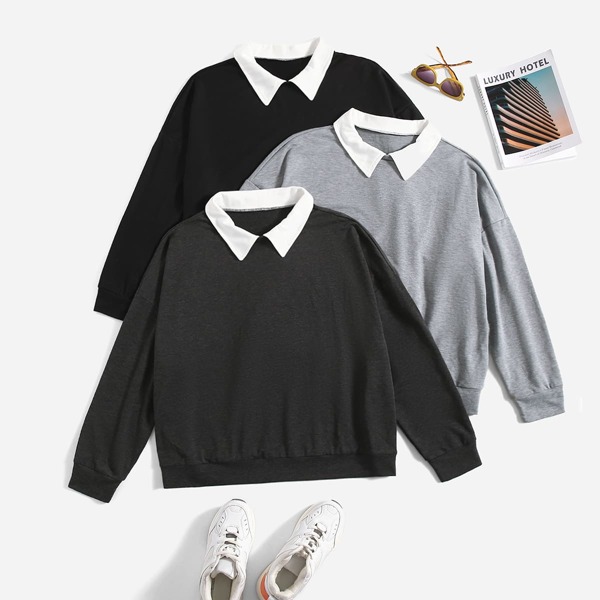 

Plus 3pcs Contrast Collar Sweatshirt, Multicolor
