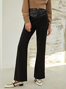 SHEIN Mixed Media Flare Leg Trousers - Black - View 4