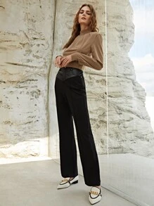 SHEIN Mixed Media Flare Leg Trousers - Black - View 5