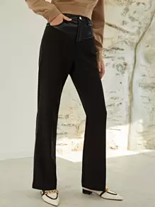 SHEIN Mixed Media Flare Leg Trousers - Black - View 6