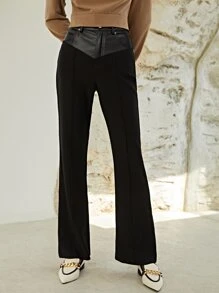 SHEIN Mixed Media Flare Leg Trousers - Black - View 7