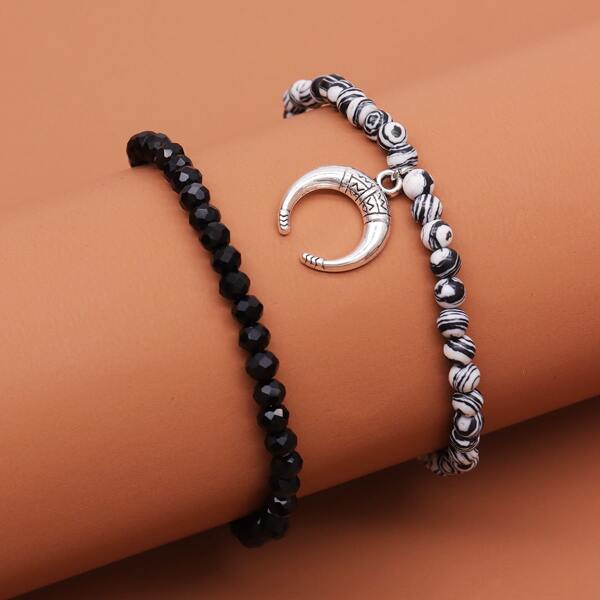 

2pcs Moon Charm Beaded Bracelet, Black