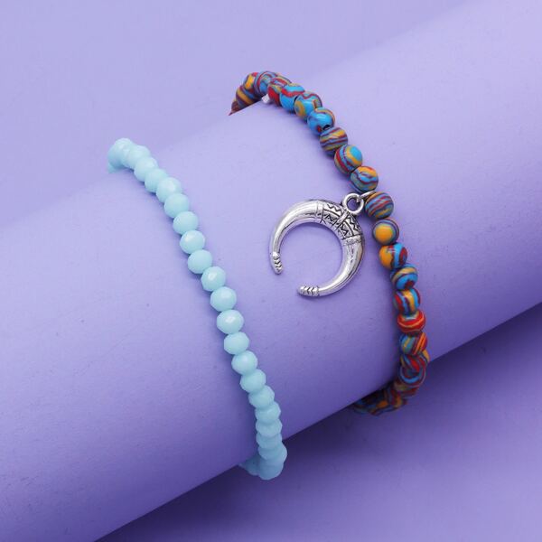 

2pcs Moon Charm Beaded Bracelet, Multicolor