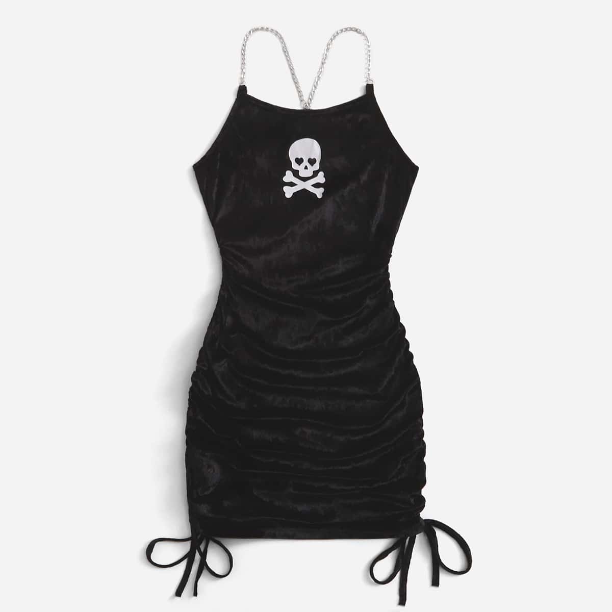

Skeleton Print Chain Velvet Dress, Black