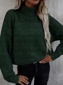 SHEIN LUNE High Neck Drop Shoulder Jumper - Dark Green - View 2